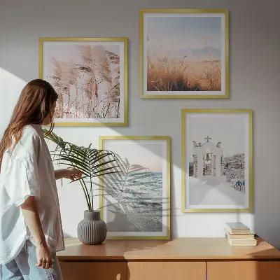 Composição de quadros com plantas, ondas do mar, vista e casas