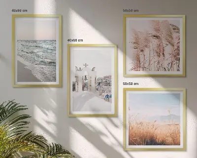 Composição de quadros com plantas, ondas do mar, vista e casas