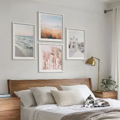 Composição de quadros com plantas, ondas do mar, vista e casas