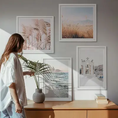 Composição de quadros com plantas, ondas do mar, vista e casas