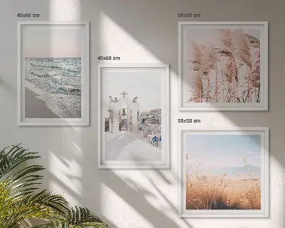 Composição de quadros com plantas, ondas do mar, vista e casas