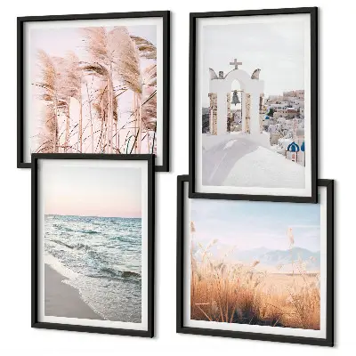 Composição de quadros com plantas, ondas do mar, vista e casas