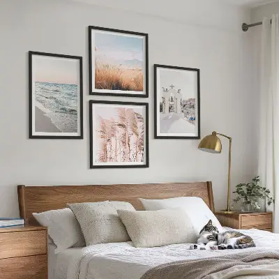 Composição de quadros com plantas, ondas do mar, vista e casas