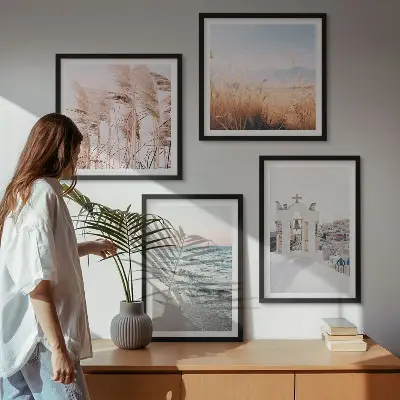 Composição de quadros com plantas, ondas do mar, vista e casas