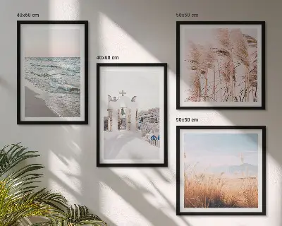 Composição de quadros com plantas, ondas do mar, vista e casas