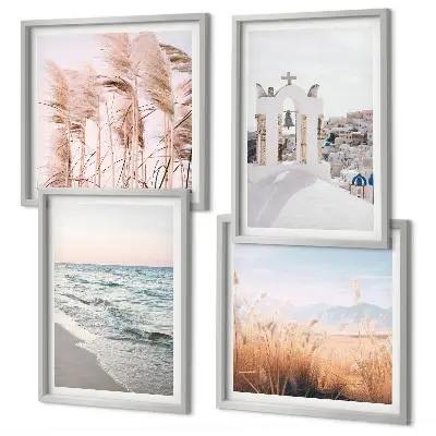 Composição de quadros com plantas, ondas do mar, vista e casas