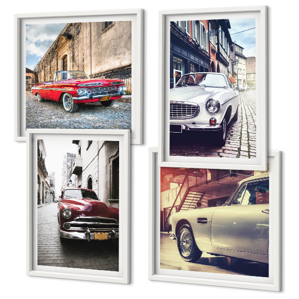 Conjunto de 4 quadros com moldura Carros clássicos nas cidades