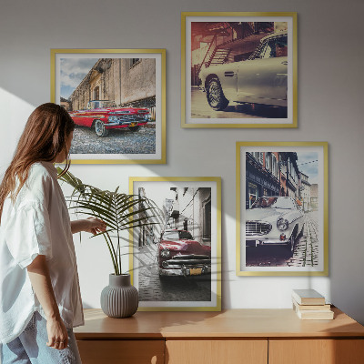 Conjunto de 4 quadros com moldura Carros clássicos nas cidades
