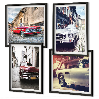 Conjunto de 4 quadros com moldura Carros clássicos nas cidades