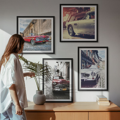 Conjunto de 4 quadros com moldura Carros clássicos nas cidades