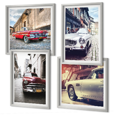 Conjunto de 4 quadros com moldura Carros clássicos nas cidades