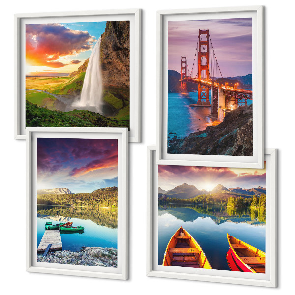 Conjunto de 4 quadros com moldura barcos pontes em lagos de montanha