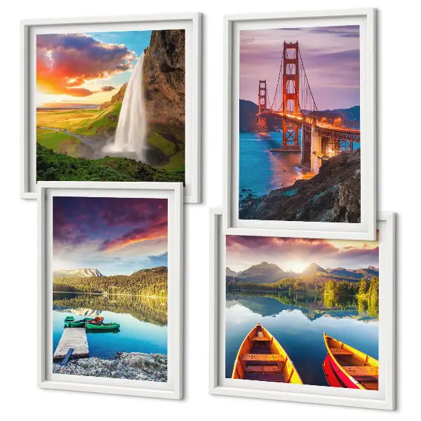 Conjunto de 4 quadros com moldura com temática de barcos e pontes em lagos de montanha