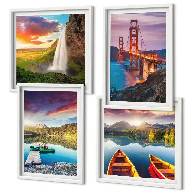 Conjunto de 4 quadros com moldura com temática de barcos e pontes em lagos de montanha
