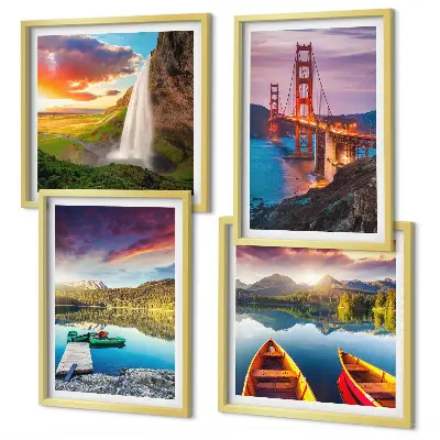 Conjunto de 4 quadros com moldura com temática de barcos e pontes em lagos de montanha