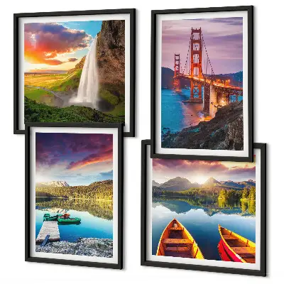 Conjunto de 4 quadros com moldura com temática de barcos e pontes em lagos de montanha