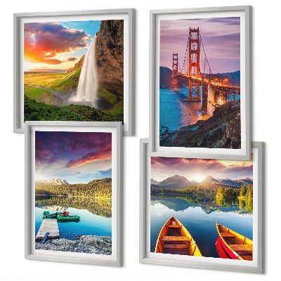 Conjunto de 4 quadros com moldura barcos pontes em lagos de montanha