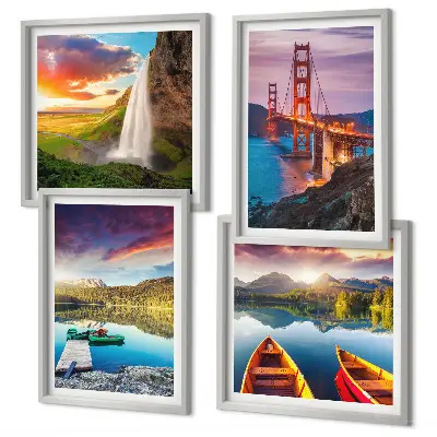 Conjunto de 4 quadros com moldura com temática de barcos e pontes em lagos de montanha