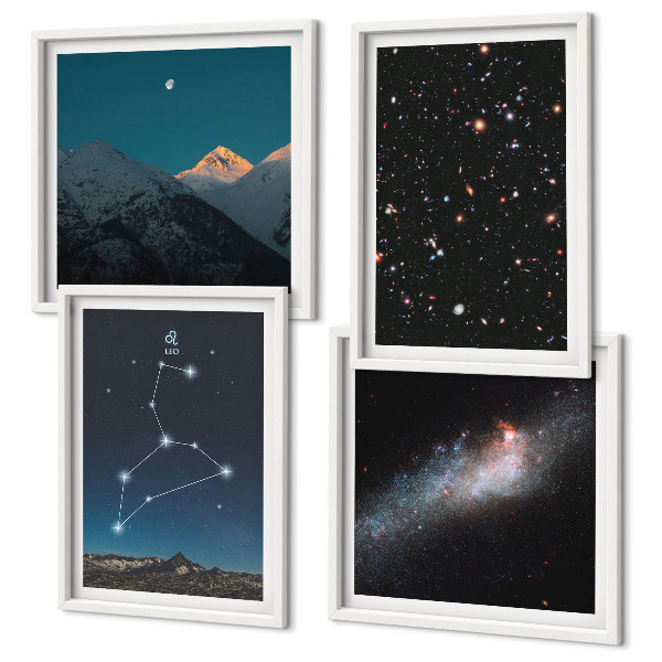 Conjunto de 4 quadros com moldura Galáxia de Leão e Espaço
