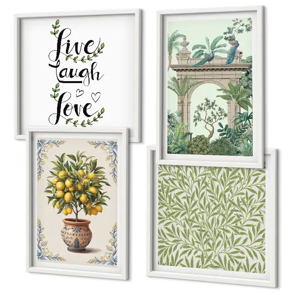 Conjunto de 4 quadros com moldura estampa de folhas verdes e plantas exóticas