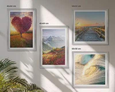 Políptico com moldura paisagens de montanhas, ondas, árvore, coração e píer