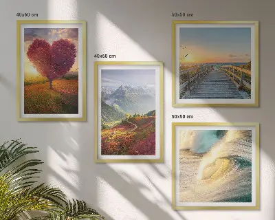 Políptico com moldura paisagens de montanhas, ondas, árvore, coração e píer