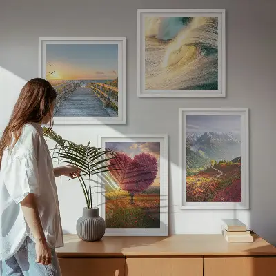 Políptico com moldura paisagens de montanhas, ondas, árvore, coração e píer