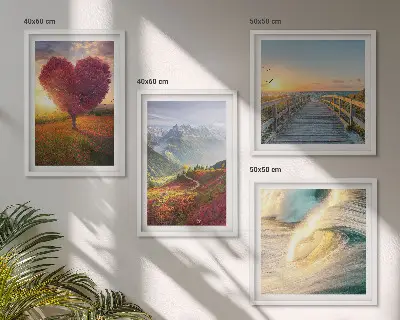 Políptico com moldura paisagens de montanhas, ondas, árvore, coração e píer