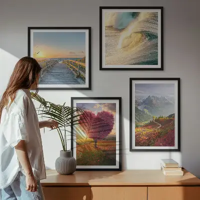 Políptico com moldura paisagens de montanhas, ondas, árvore, coração e píer