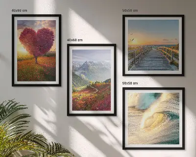 Políptico com moldura paisagens de montanhas, ondas, árvore, coração e píer