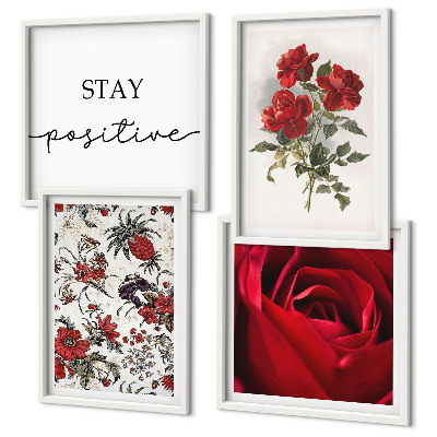 Conjunto de 4 quadros com moldura Inscrição de flores de rosas vermelhas