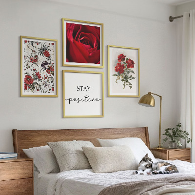 Conjunto de 4 quadros com moldura Inscrição de flores de rosas vermelhas