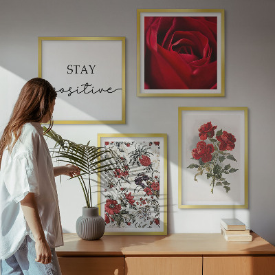 Conjunto de 4 quadros com moldura Inscrição de flores de rosas vermelhas