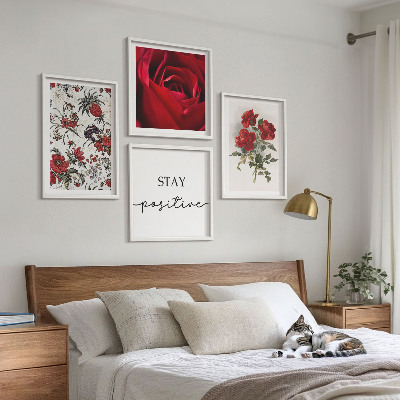 Conjunto de 4 quadros com moldura Inscrição de flores de rosas vermelhas