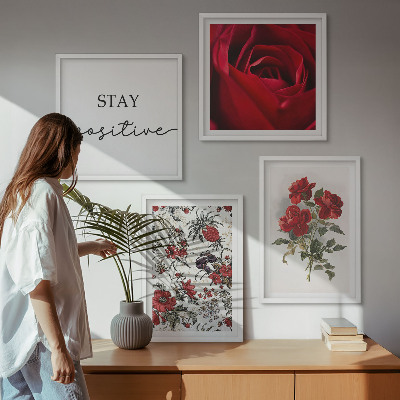 Conjunto de 4 quadros com moldura Inscrição de flores de rosas vermelhas