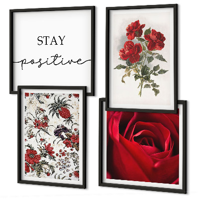 Conjunto de 4 quadros com moldura Inscrição de flores de rosas vermelhas