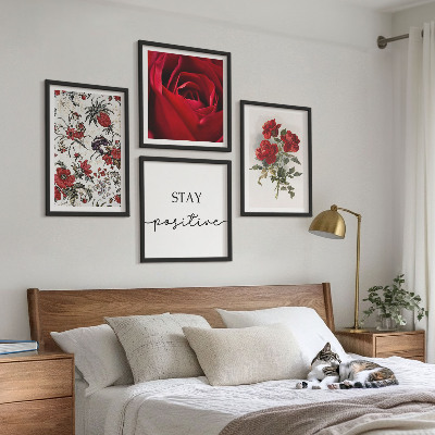 Conjunto de 4 quadros com moldura Inscrição de flores de rosas vermelhas