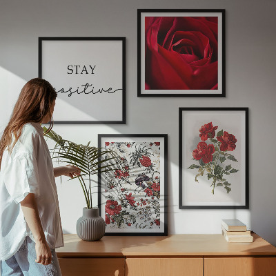 Conjunto de 4 quadros com moldura Inscrição de flores de rosas vermelhas