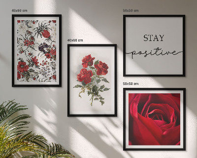 Conjunto de 4 quadros com moldura Inscrição de flores de rosas vermelhas