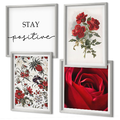 Conjunto de 4 quadros com moldura Inscrição de flores de rosas vermelhas