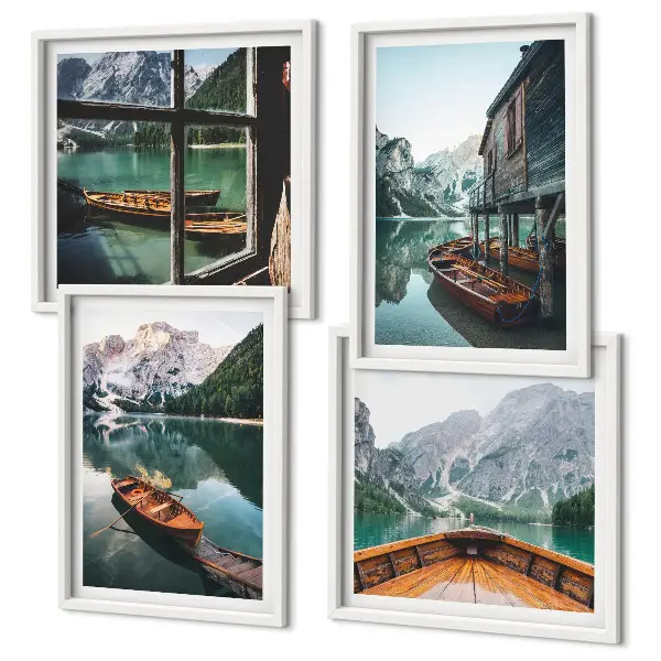 Composição de quadros paisagem de casa em lago de montanha