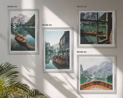 Composição de quadros paisagem de casa em lago de montanha