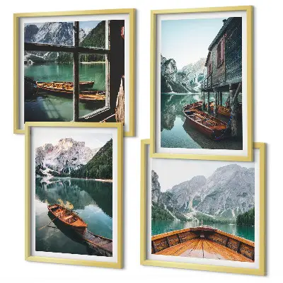 Composição de quadros paisagem de casa em lago de montanha