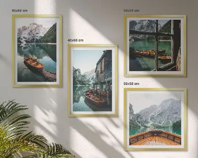 Composição de quadros paisagem de casa em lago de montanha