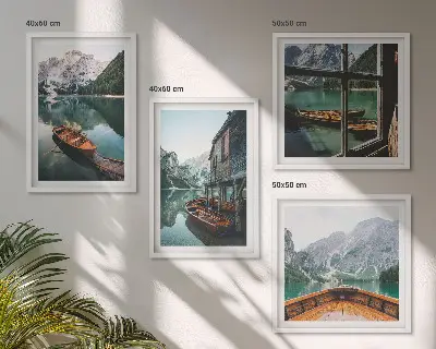 Composição de quadros paisagem de casa em lago de montanha