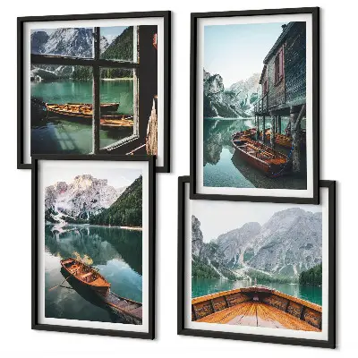 Composição de quadros paisagem de casa em lago de montanha
