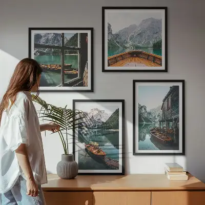 Composição de quadros paisagem de casa em lago de montanha