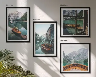 Composição de quadros paisagem de casa em lago de montanha