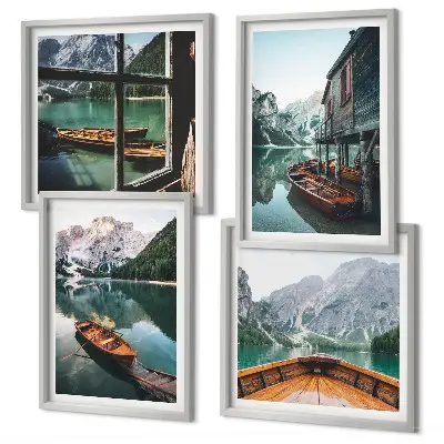 Composição de quadros paisagem de casa em lago de montanha