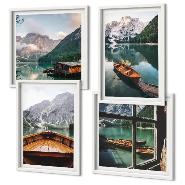 Conjunto de 4 quadros com moldura com paisagem de lago, montanhas, barcos e chalé vista de uma janela